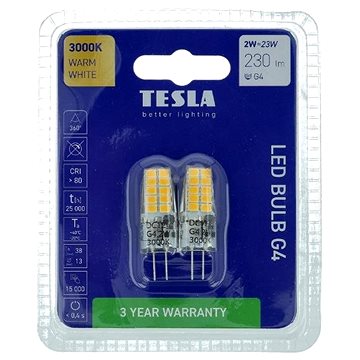 

Tesla - LED žárovka G4, 2W, 12V, 230lm, 25 000h, 3000K teplá bílá, 360st 2ks v balení