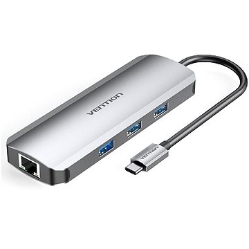 Vention Type-C (USB-C) to HDMI / 3x USB3.0 / RJ45 / SD / TF / PD 0.15M Gray Aluminum Alloy Type - Replikátor portů