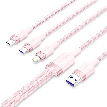 Vention USB 2.0 A Male to 3-in-1 USB-C & Lightning & Micro-B Male 6A Cable 1.5M Pink Aluminum Alloy 