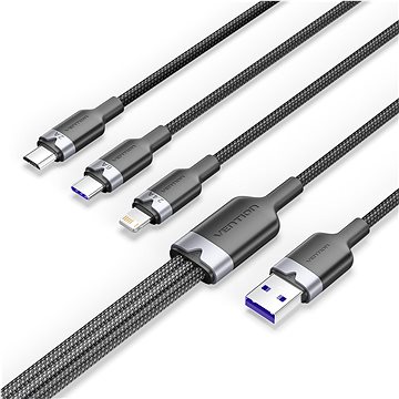 Vention USB 2.0 A Male to 3-in-1 USB-C & Lightning & Micro-B Male 6A Cable 1.5M Black Aluminum Alloy