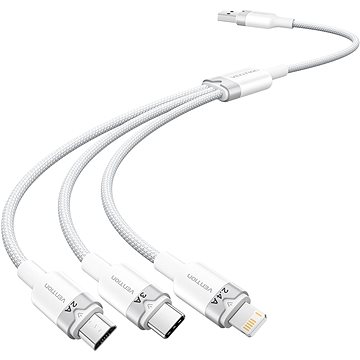 Vention USB 2.0 A Male to 3-in-1 USB-C & Lightning & Micro-B Male 3A Cable 1.5M White Aluminum Alloy