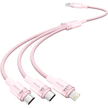 Vention USB 2.0 A Male to 3-in-1 USB-C & Lightning & Micro-B Male 3A Cable 1.5M Pink Aluminum Alloy 
