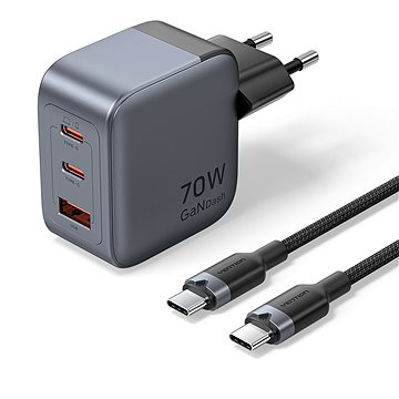 

Vention 3-Port USB (C+C+A) GaN Charger (70W/70W/22.5W) Gray with USB-C to USB-C Cable (1M) Black
