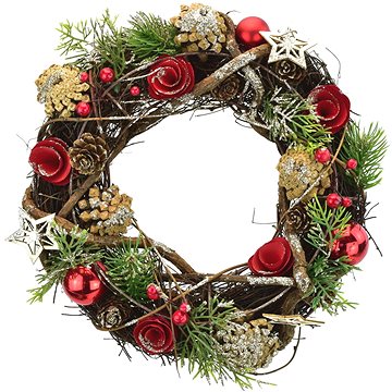 

DOMMIO Vánoční věnec - přírodní s červenými kvítky, 30 cm