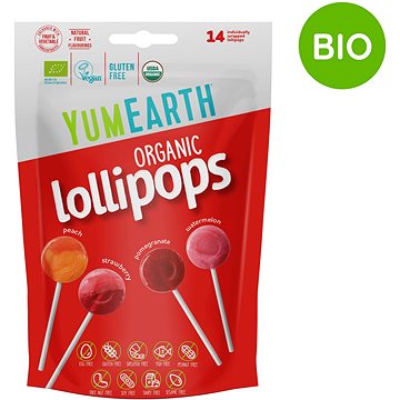 

YumEarth BIO Ovocná lízátka s příchutí melounu, jahody, broskve a granátového jablka 14 ks, 87 g