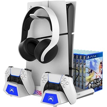 iPega P5S023 Multifunkční Nabíjecí RGB Stojan s Chlazením pro PS5/PS5 Slim White