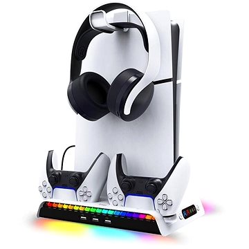 iPega P5S006 Multifunkční Nabíjecí RGB Stojan s Chlazením pro PS5 Slim White