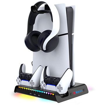 iPega P5S006 Multifunkční Nabíjecí RGB Stojan s Chlazením pro PS5 Slim Black