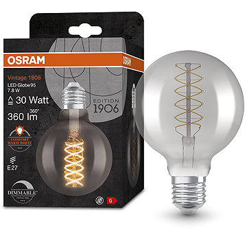 

OSRAM kouřová stmívatelná LED žárovka E27 7,8 W VINTAGE GLOBE, teplá bílá