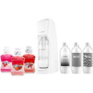 SodaStream Jet Pastel white + láhev + příchutě JAHODA, ZAHRADNÍ OVOCE, MALINA - Sada
