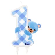 Birthday Candle, 12cm, Teddy Bear, "1", Blue - Candle
