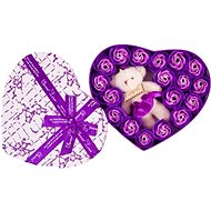 Medvídárek velké srdce s fialovými mýdlovými růžemi a plyšovým medvídkem - Dárkový box