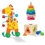 Dřevěná hračka Dřevěná edukační sada 3 v 1 - žirafa s korálkovým labyrintem