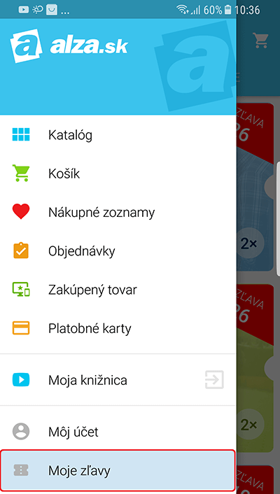 mobilná aplikácie Alza.cz - menu - Moje zľavy