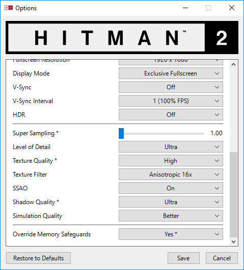 Hitman 2; nastavení hry
