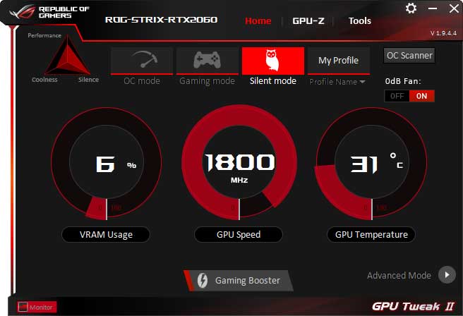 Asus Strix GeForce RTX 2060 O6G Gaming GPU Tweak II Silent mode