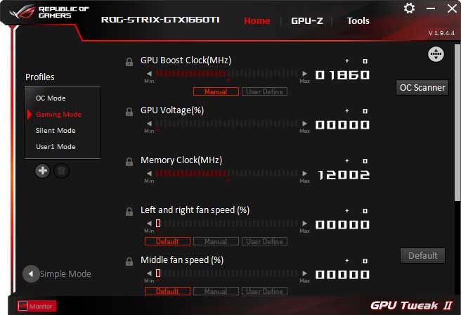 Asus Strix GeForce GTX 1660 Ti O6G Gaming GPU Tweak II Advanced mode