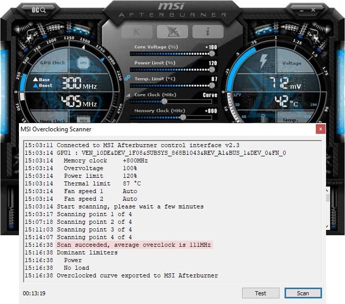 Přetaktování Asus Dual RTX 2060 O6G; Afterburner
