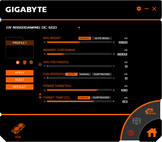 Gigabyte GTX 1660 Gaming OC 6G Graphics Engine Professional mode
