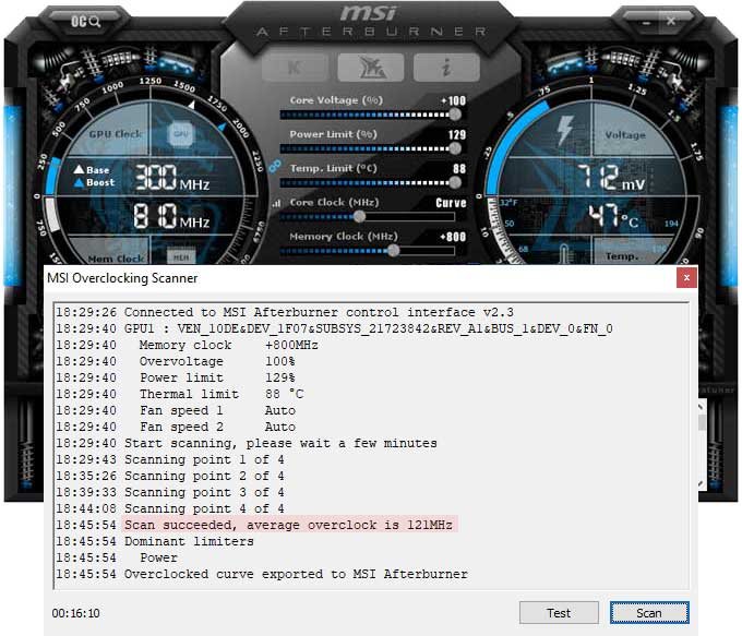 Přetaktování EVGA RTX 2070 XC Gaming; Afterburner