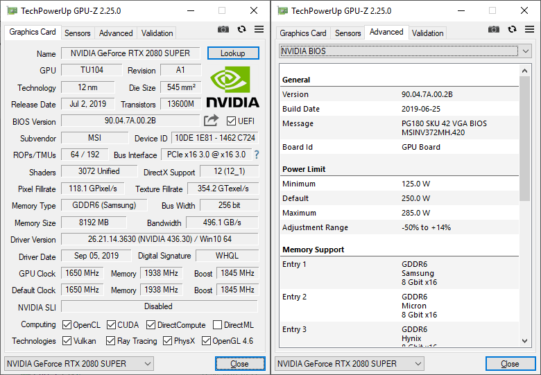 MSI RTX 2080 SUPER Gaming X TRIO GPUZ