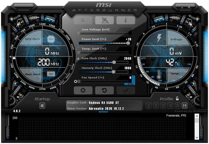 Přetaktování Gigabyte RX 5500 XT Gaming OC 8G; Afterburner