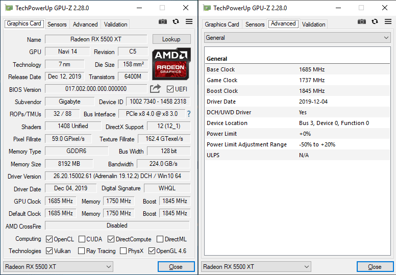 Gigabyte RX 5500 XT Gaming OC 8G GPUZ; Q-mode