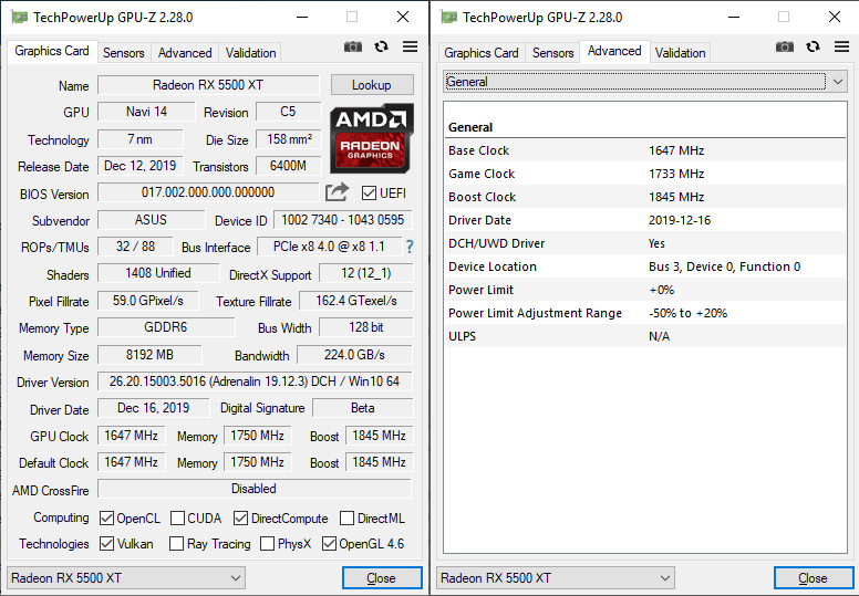 Asus STRIX RX 5500 XT O8G Gaming GPUZ; P-mode