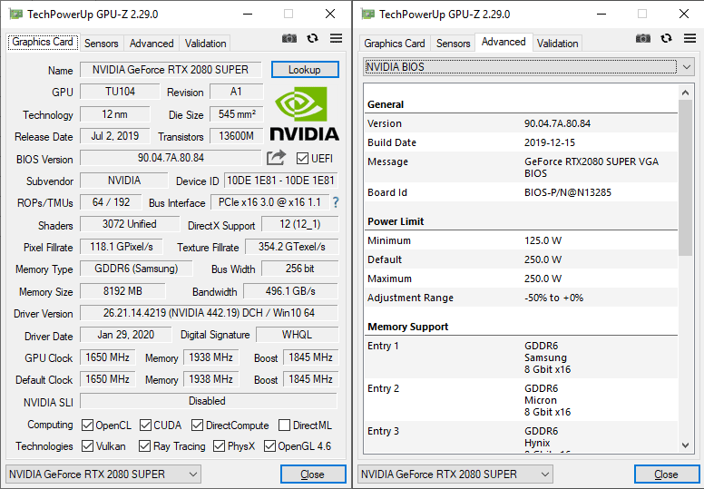 Gainward RTX 2080 SUPER Phoenix GS GPUZ