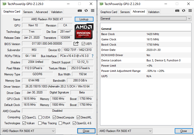 MSI RX 5600 XT GAMING X 6G GPUZ; Q-mode