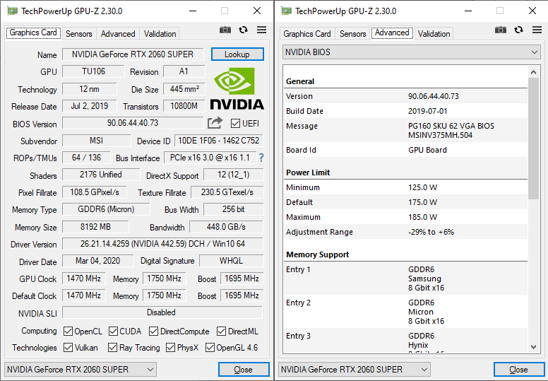 MSI RTX 2060 SUPER Gaming X GPUZ