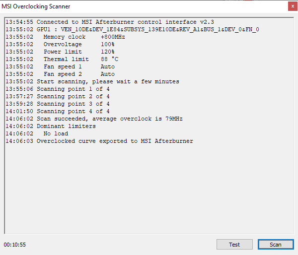 OC Scanner; výsledek přetaktování GPU