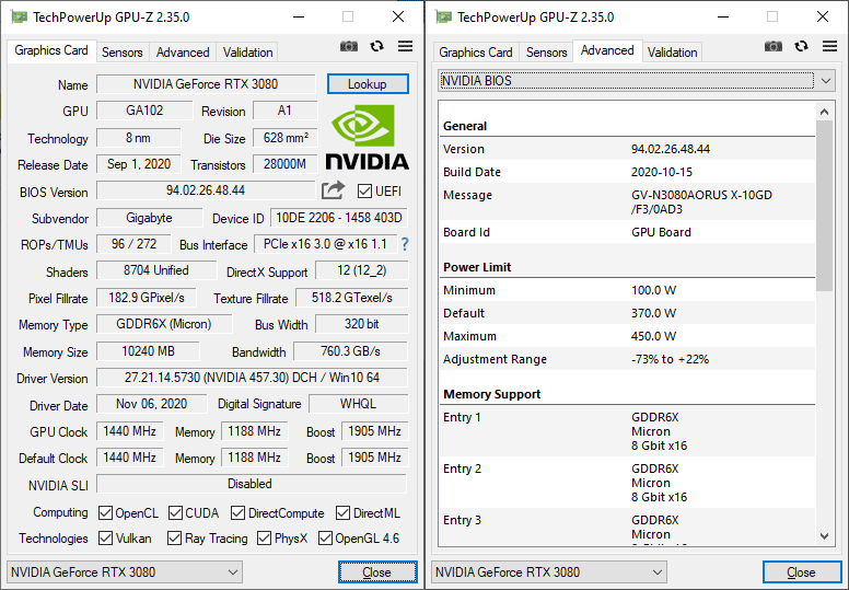Gigabyte AORUS RTX 3080 XTREME 10G GPUZ; Q-mode