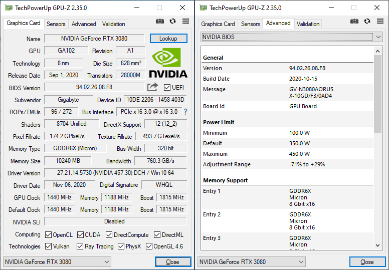 Gigabyte AORUS RTX 3080 XTREME 10G GPUZ; P-mode