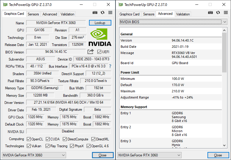 Asus STRIX RTX 3060 O12G Gaming GPUZ; Q-mode