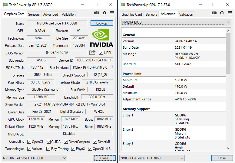 Asus STRIX RTX 3060 O12G Gaming GPUZ; P-mode