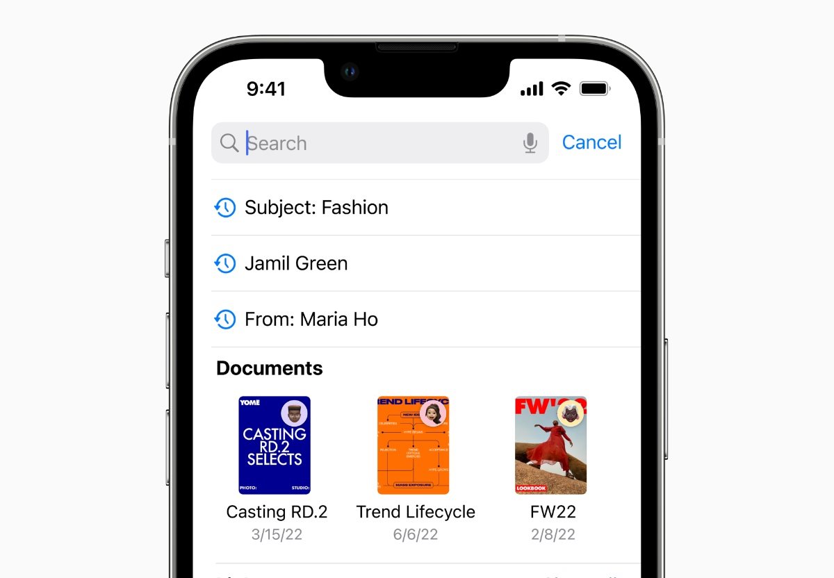 iOS 16, hledání v emailu