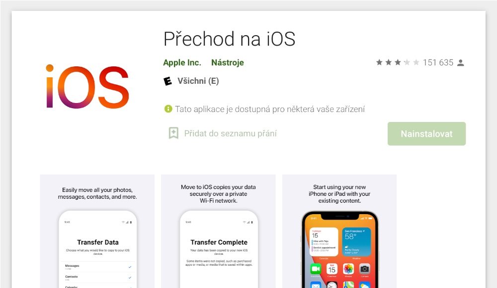 Data transfer, apps Switching to iOS on Google Play Store