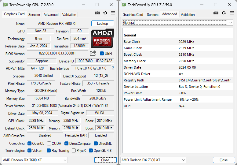 Sapphire PULSE RX 7600 XT 16G GPUZ; Q-mode