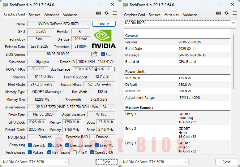 Gigabyte AORUS RTX 5070 MASTER 12G GPUZ; Silent BIOS