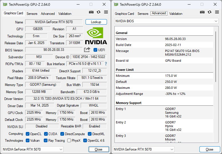 MSI RTX 5070 12G GAMING TRIO OC GPUZ