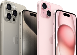 Přední a zadní strana iPhonu 15 Pro z přírodního titanu a růžového iPhonu 15