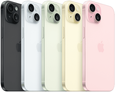 Pohľad zozadu na iPhone 15 s vyspelou fotosústavou a prefarbeným sklom vo všetkých farbách: čiernej, modrej, zelenej, žltej, ružovej.