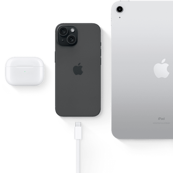 iPhone 15 mit USB-C-Anschluss, der auch mit AirPods Pro und iPad verwendet werden kann