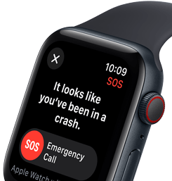 The screen for car crash detection on the Apple Watch SE with an emergency call button 