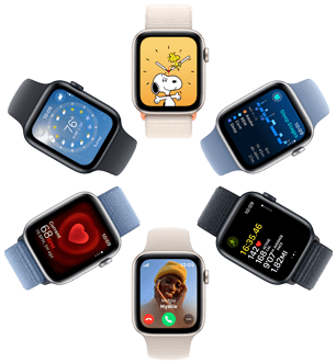 An overhead view of six Apple Watch SE displays with a Snoopy wallpaper, information from the Sleep app, exercise metrics, an incoming call, heart rate, and the Weather app.