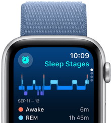 The Sleep app screen illustrating sleep phases and the duration of wake time, as well as REM phases. 