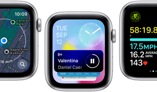 Pohľad spredu na viac obrazoviek Apple Watch SE s rôznymi vylepšenými aplikáciami.