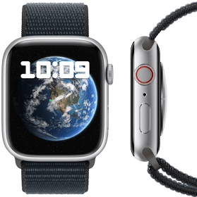 Eine Vorder- und Seitenansicht der neuen, kohlenstoffneutralen Apple Watch.