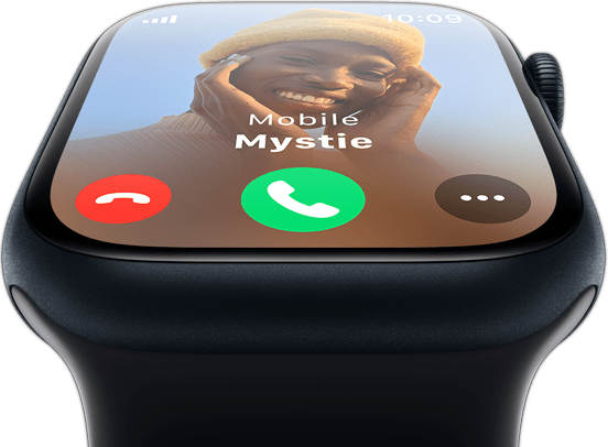 Pohľad spredu na Apple Watch, na ktorých sa ukazuje prichádzajúci hovor.
